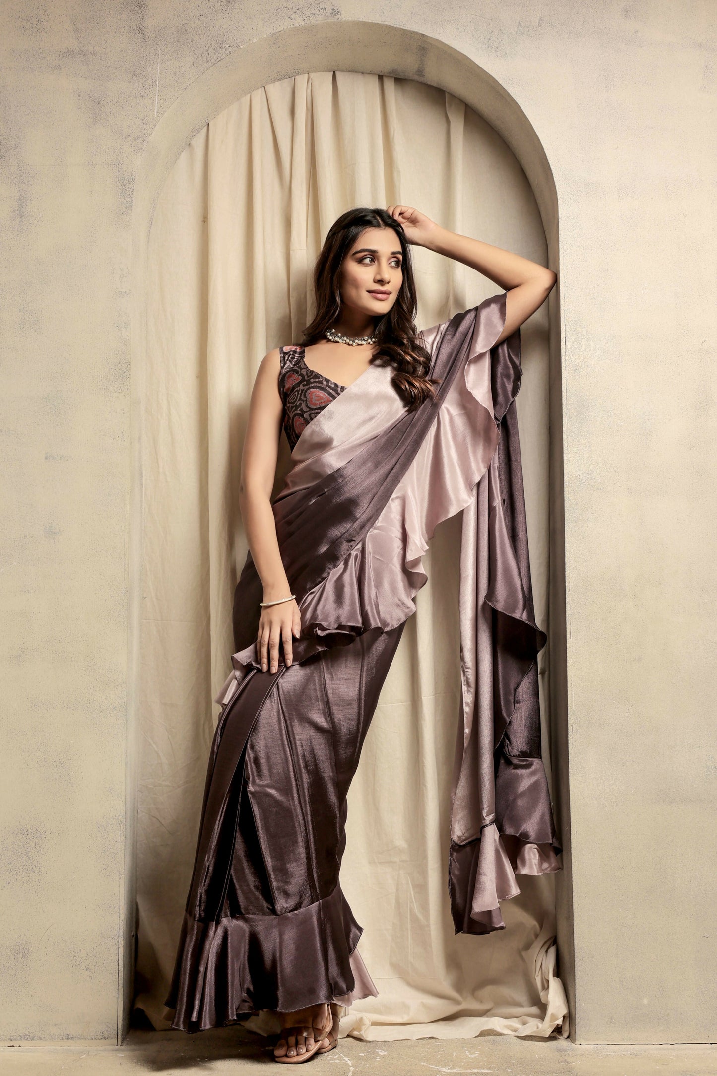 Wine Satin Solid Designer, Printed Party Wear Ready To Wear Saree - Nasreen | Swadesiicart