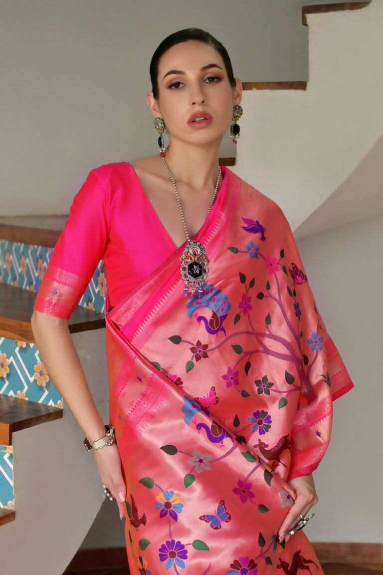 Vishnu Weaves Women's Pink Paithani Silk Zari Woven Saree with Blouse - Swadesiicart