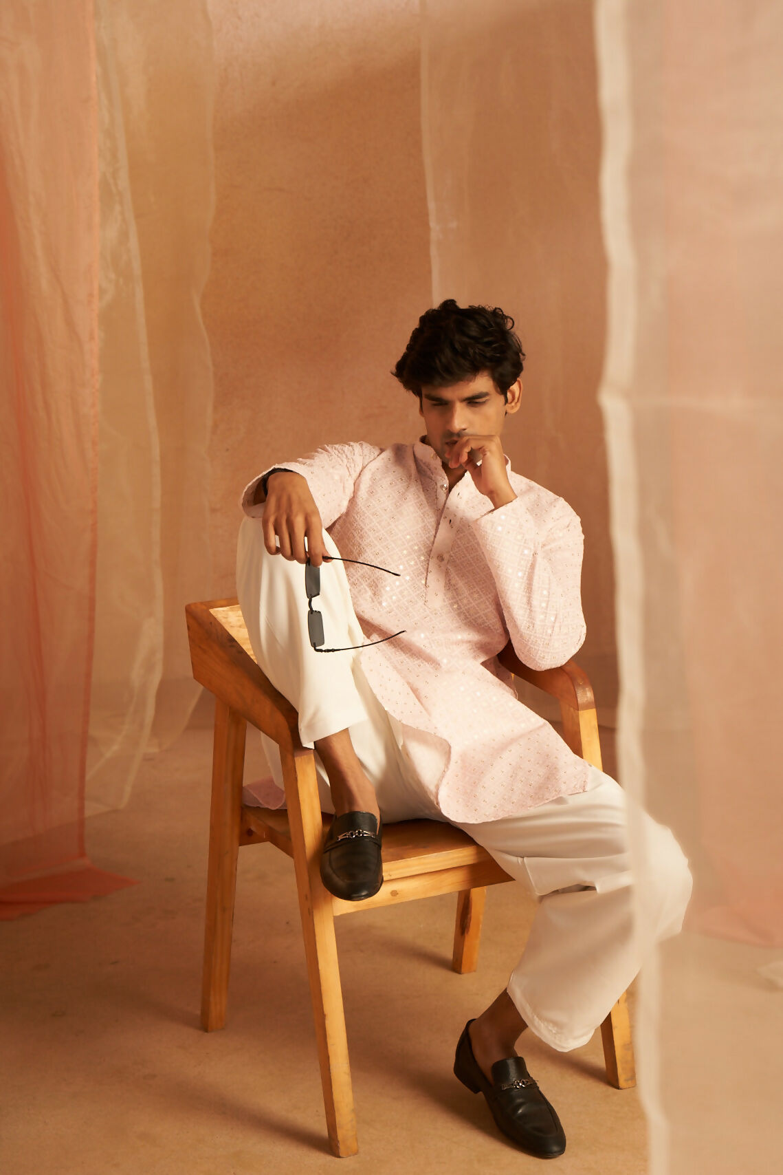Pink Viscose Chikankari Embroidery Work Men's Kurta Set - Mahotsav | Swadesiicart