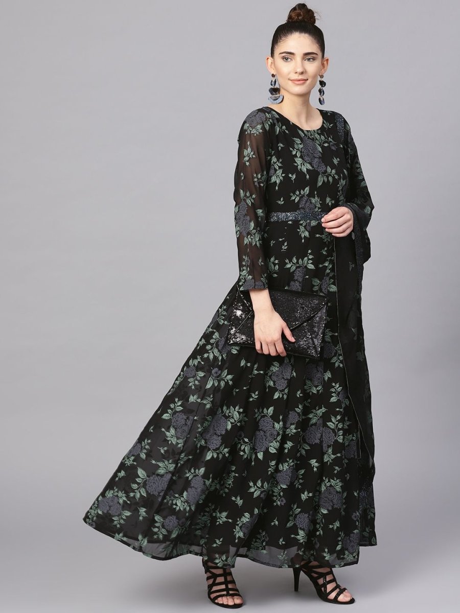 Ahalyaa Black Georgette Anarkali Kurta With Dupatta | Swadesiicart