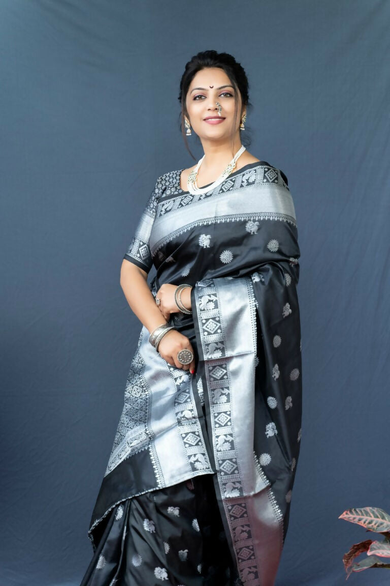 Jyoti Fashion Women's Black Soft Banarasi Silk Zari Woven Saree with Blouse | Swadesiicart