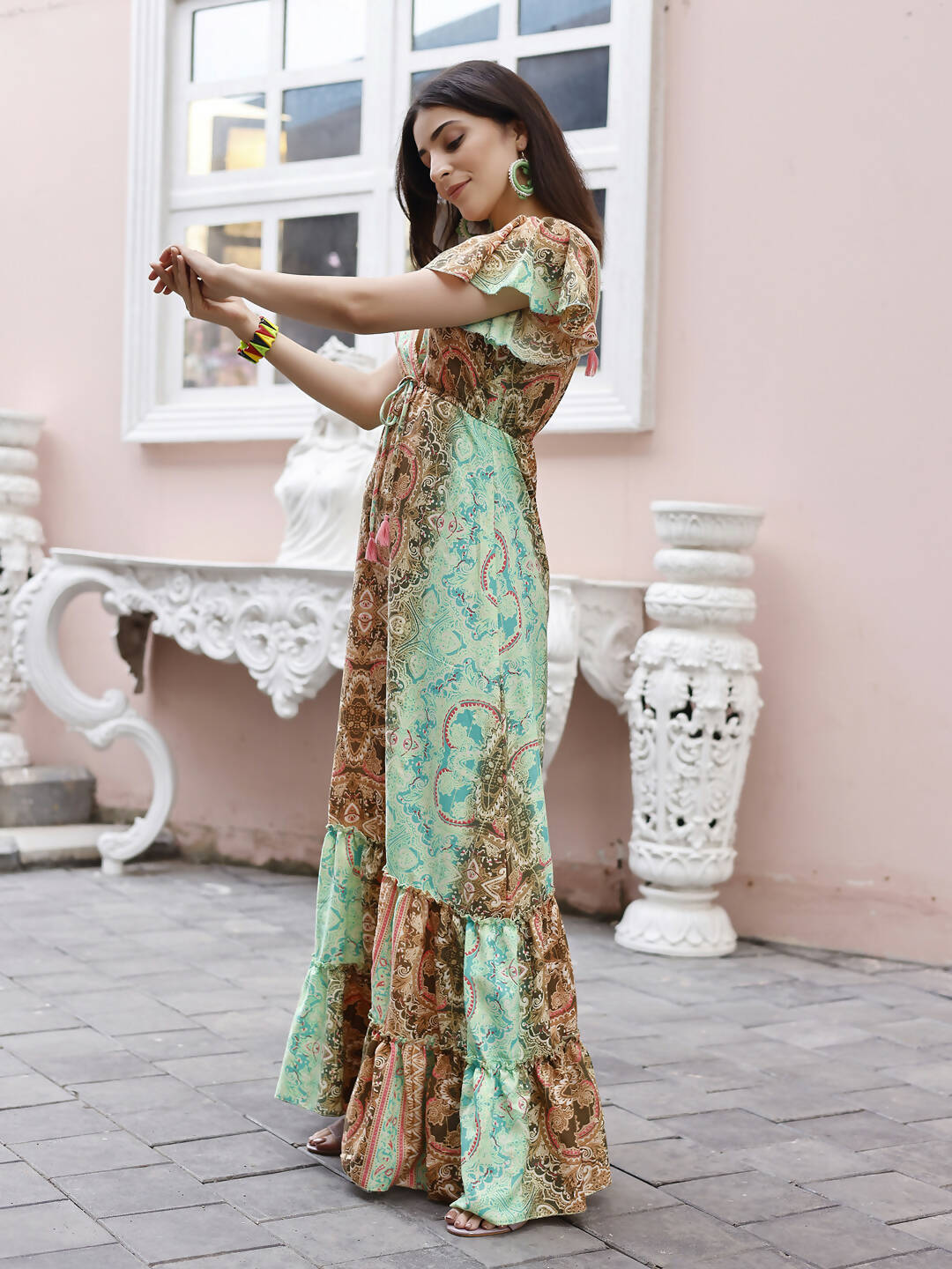 Sea Green Rayon Foil Printed Long Dress - Michan | Swadesiicart