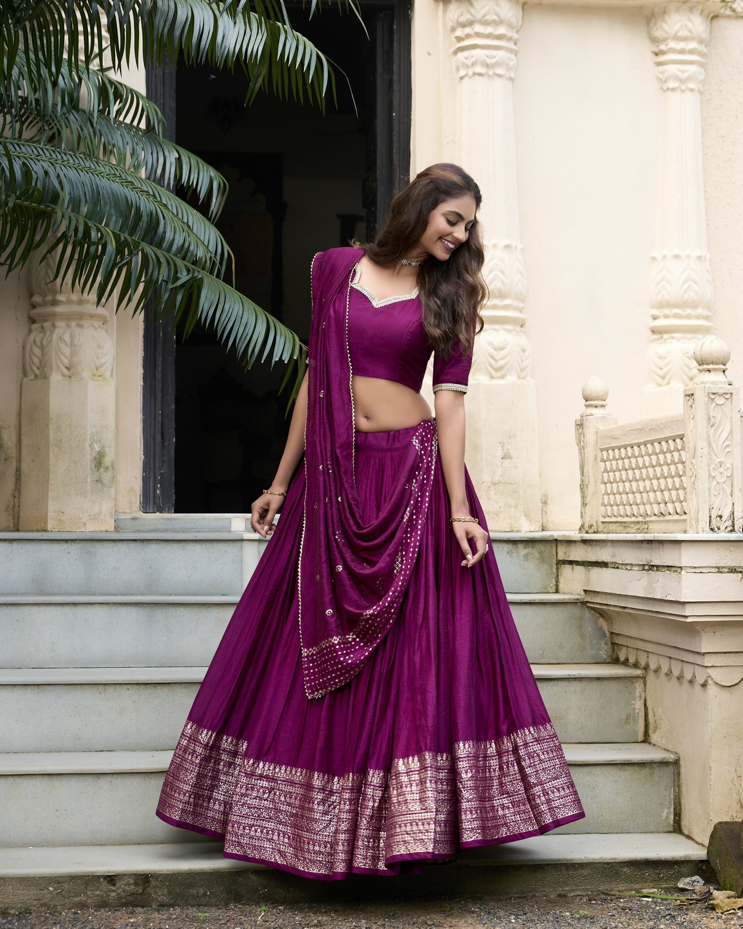 Lorenvalley Wine Pure Chanderi Plain With Zari Weaving Work Border Lehenga Choli | Swadesiicart