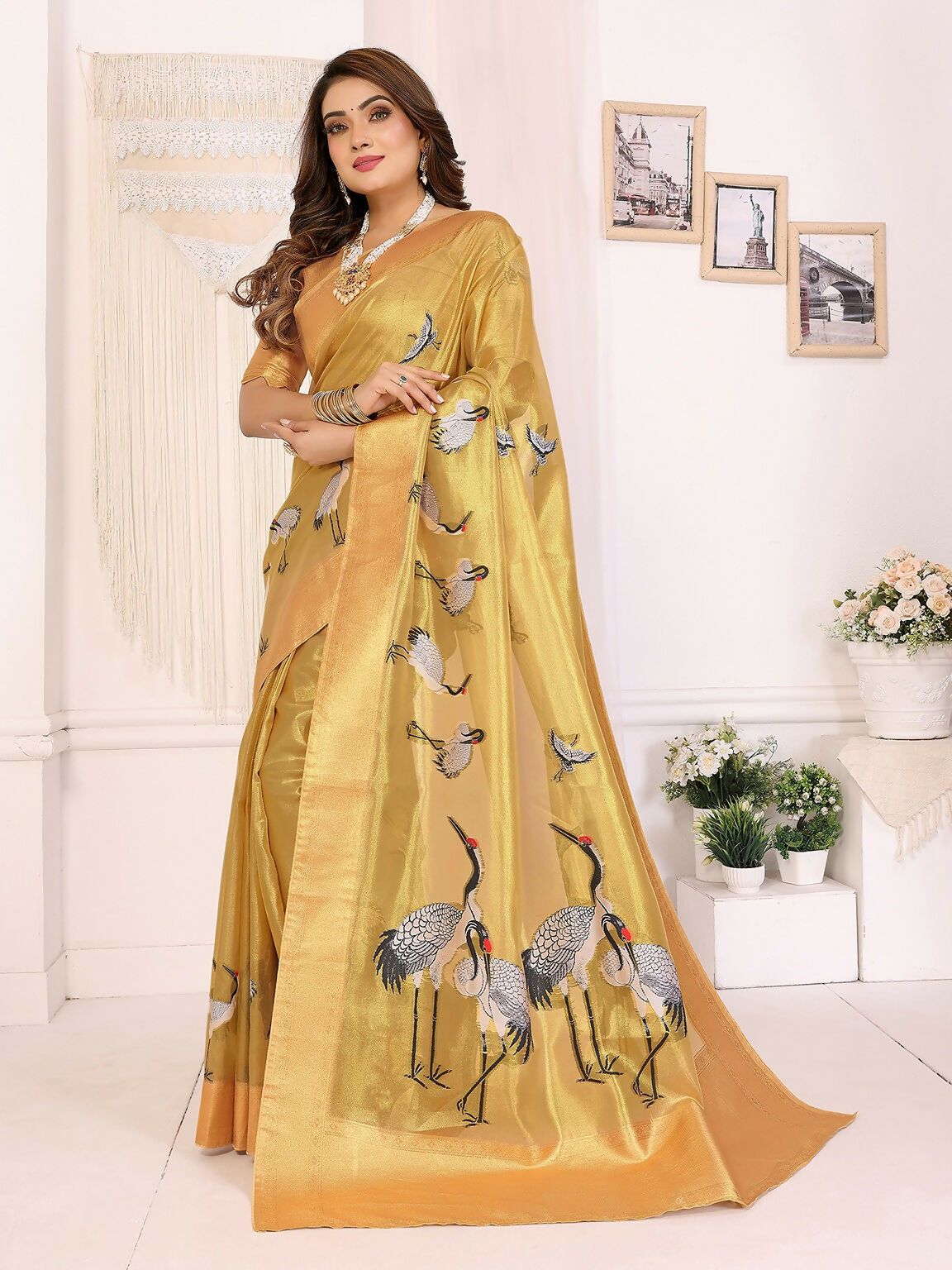 Joban Fashion Golden Cranes Patterns Banarasi Silk Sarees | Swadesiicart