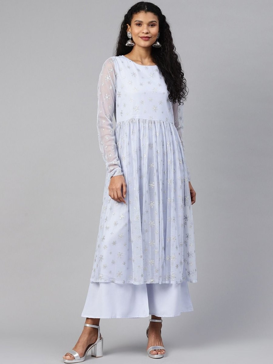 Ahalyaa Women's Blue Net Silver Glitter Printed Kurta Palazzo Set | Swadesiicart