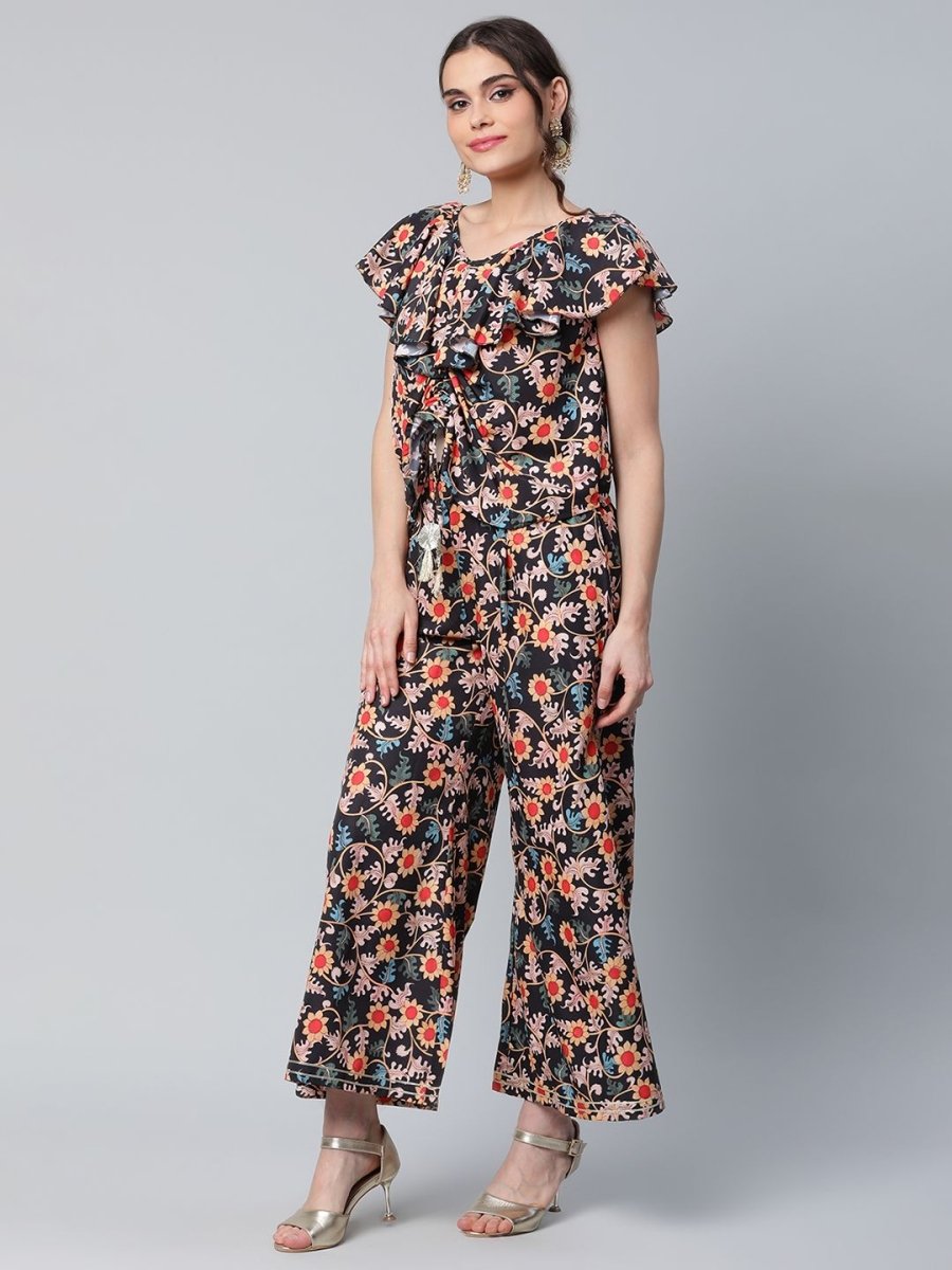 Ahalyaa Women Black Crepe Digital Print Top with Palazzo Set | Swadesiicart
