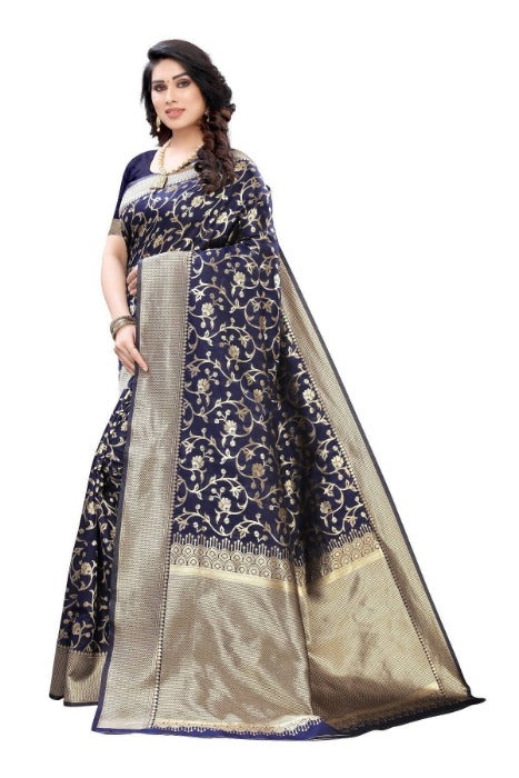 Vamika Banarasi Jacquard Weaving Navy Blue Saree (PARINITI NAVY) | Swadesiicart