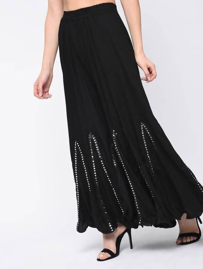Mominos Fashion Black Viscose Rayon Flared Palazzo with Mirror Lace Work - Swadesiicart