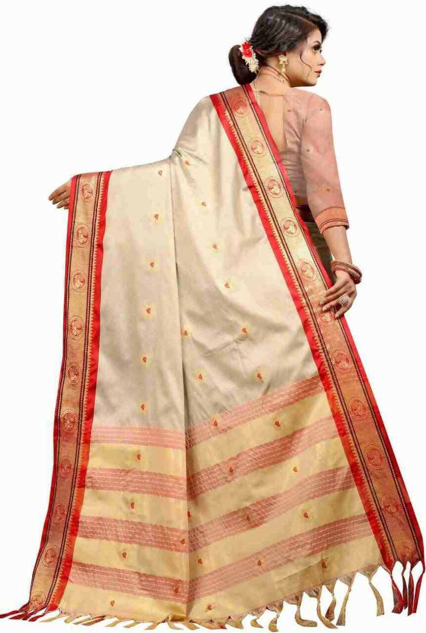 DEIANA'S Beautiful Designer Golden zari Soft Lichi Silk Saree - Cream - Swadesiicart