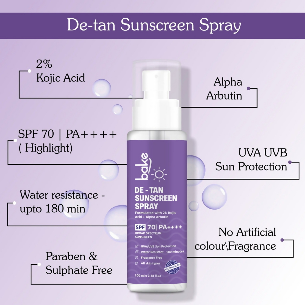 Bake De-tan Waterproof Sunscreen Spray SPF 70 PA+++ with 2% Kojic Acid | Swadesiicart