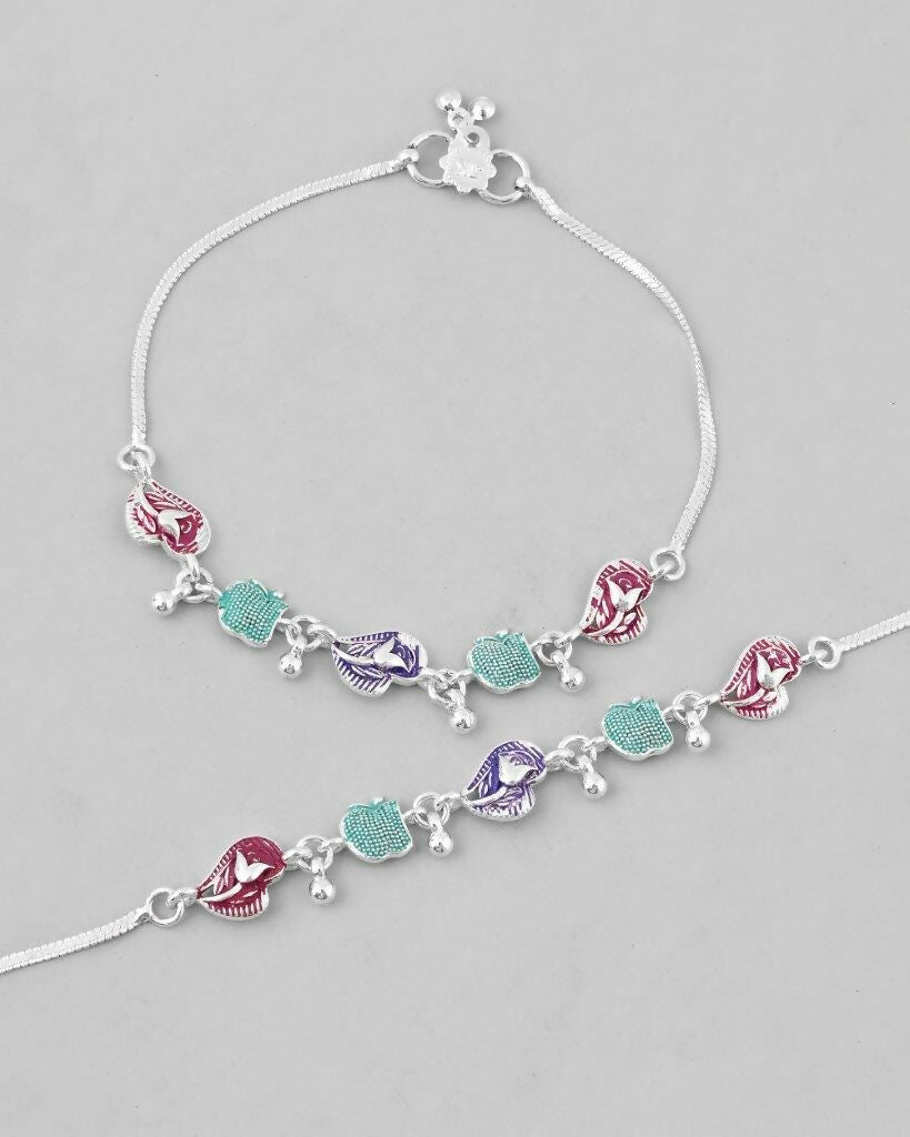 VOJ Set of 2 Silver Plated Designer Multi Color Anklet - Swadesiicart