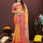 Lorenvalley Fashion Orange Kanjivaram Silk Woven Design with Zari Weaving Saree - Swadesiicart