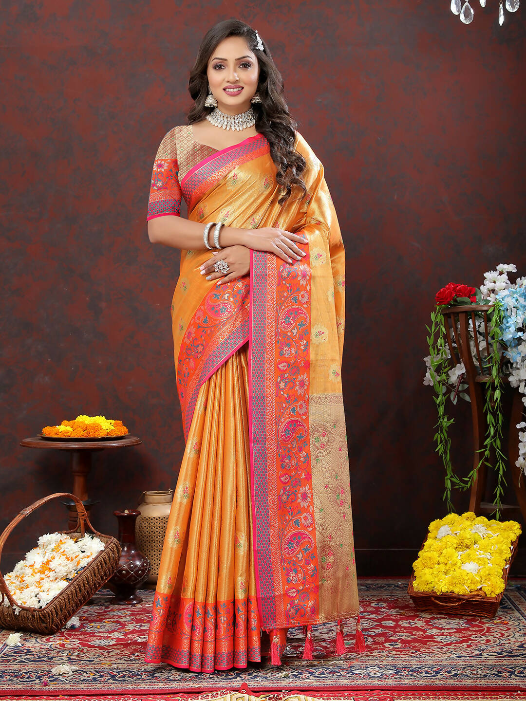 Lorenvalley Fashion Orange Kanjivaram Silk Woven Design with Zari Weaving Saree - Swadesiicart