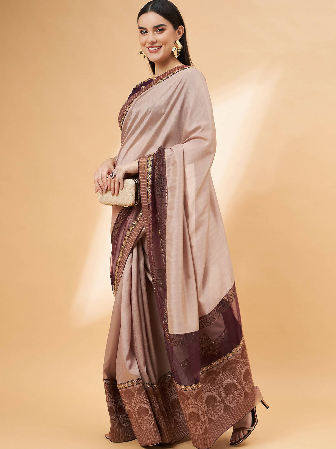 Beige, Purple Tussar Silk Zari, Thread And Cord Embroidery, Laser Cut Applique Saree - Norita Hit Design - Swadesiicart
