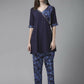 Ahalyaa Women Navy Blue Rayon Wax Printed Angrakha Gotta Patti Tunic With Trousers | Swadesiicart
