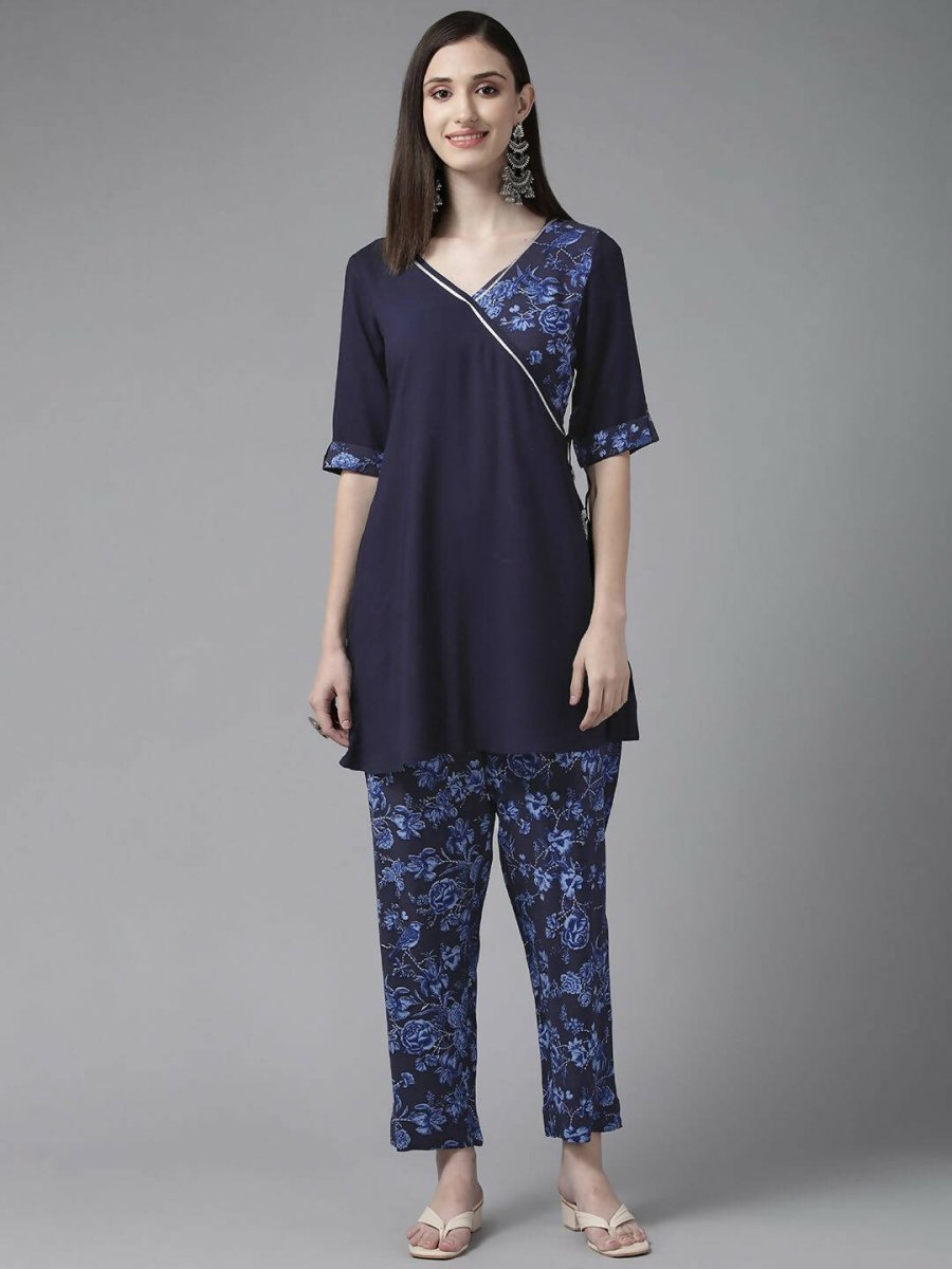 Ahalyaa Women Navy Blue Rayon Wax Printed Angrakha Gotta Patti Tunic With Trousers | Swadesiicart