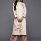 Ahalyaa Women Cream-Coloured & Pink Floral Printed Gotta Patti Floral Velvet Kurta | Swadesiicart