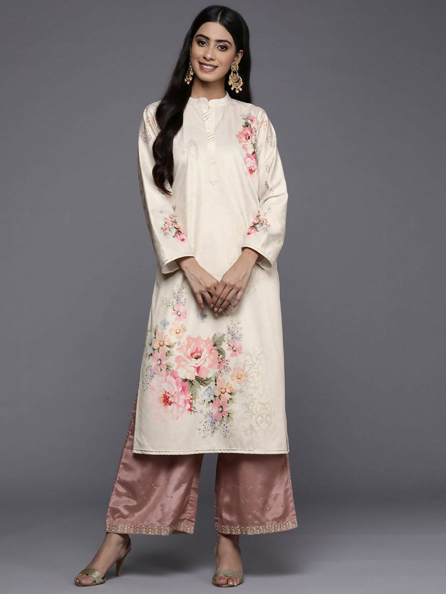 Ahalyaa Women Cream-Coloured & Pink Floral Printed Gotta Patti Floral Velvet Kurta | Swadesiicart
