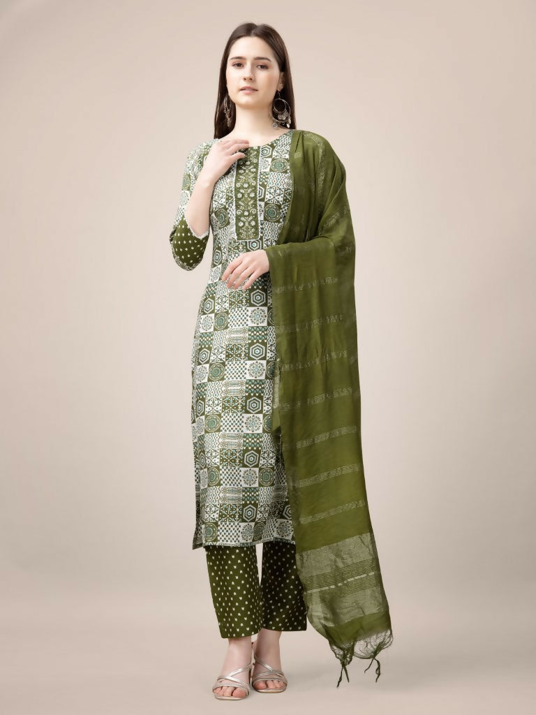 Jyoti Fashion Women's Mehendi Rayon Print with Embroidery & Fancy Lace Work Kurta with Trouser & Dupatta | Swadesiicart