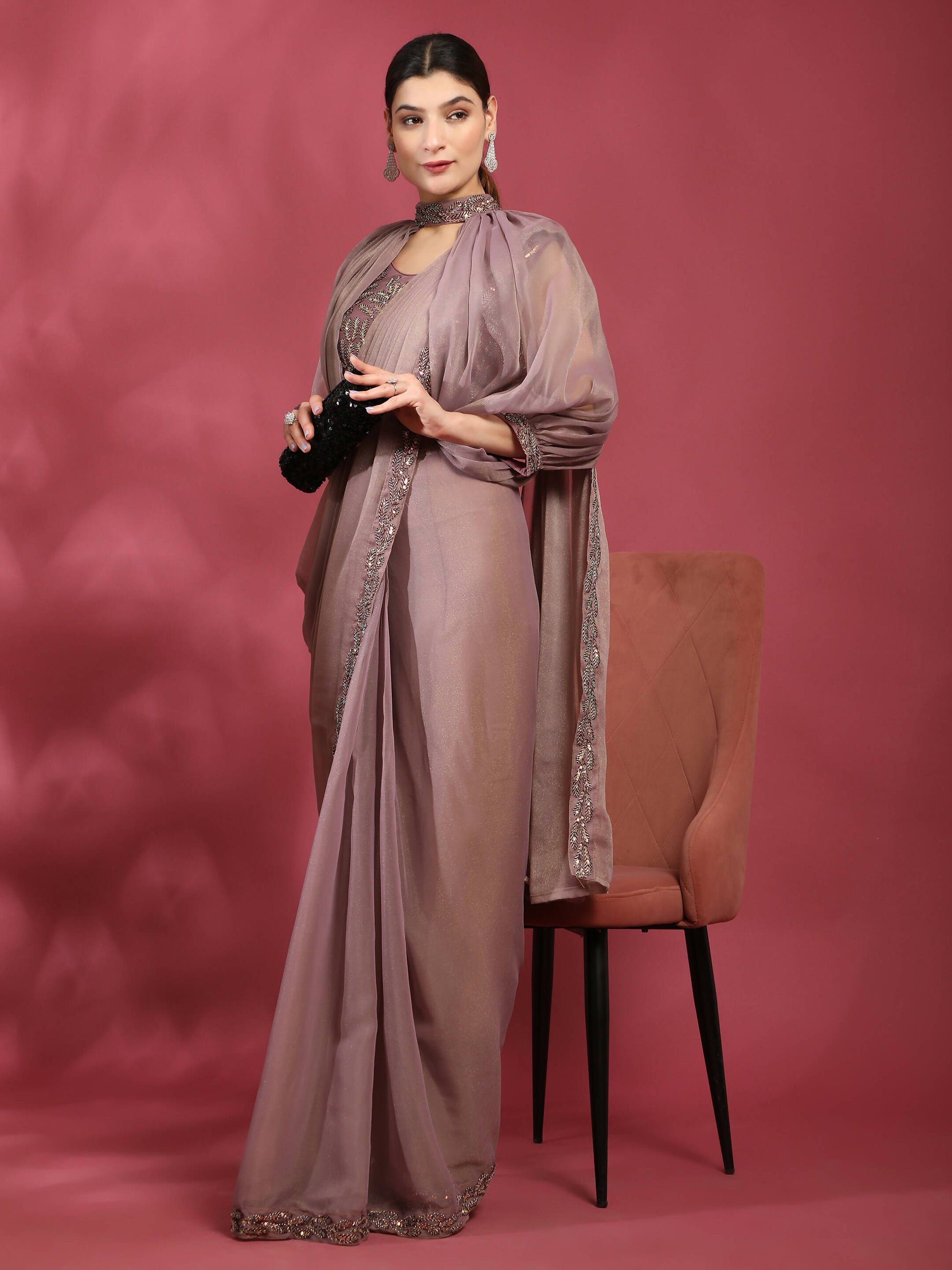Purple Fancy Pure Fabric Plain Ready to wear Saree with stitched Blouse - Vrinda | Swadesiicart