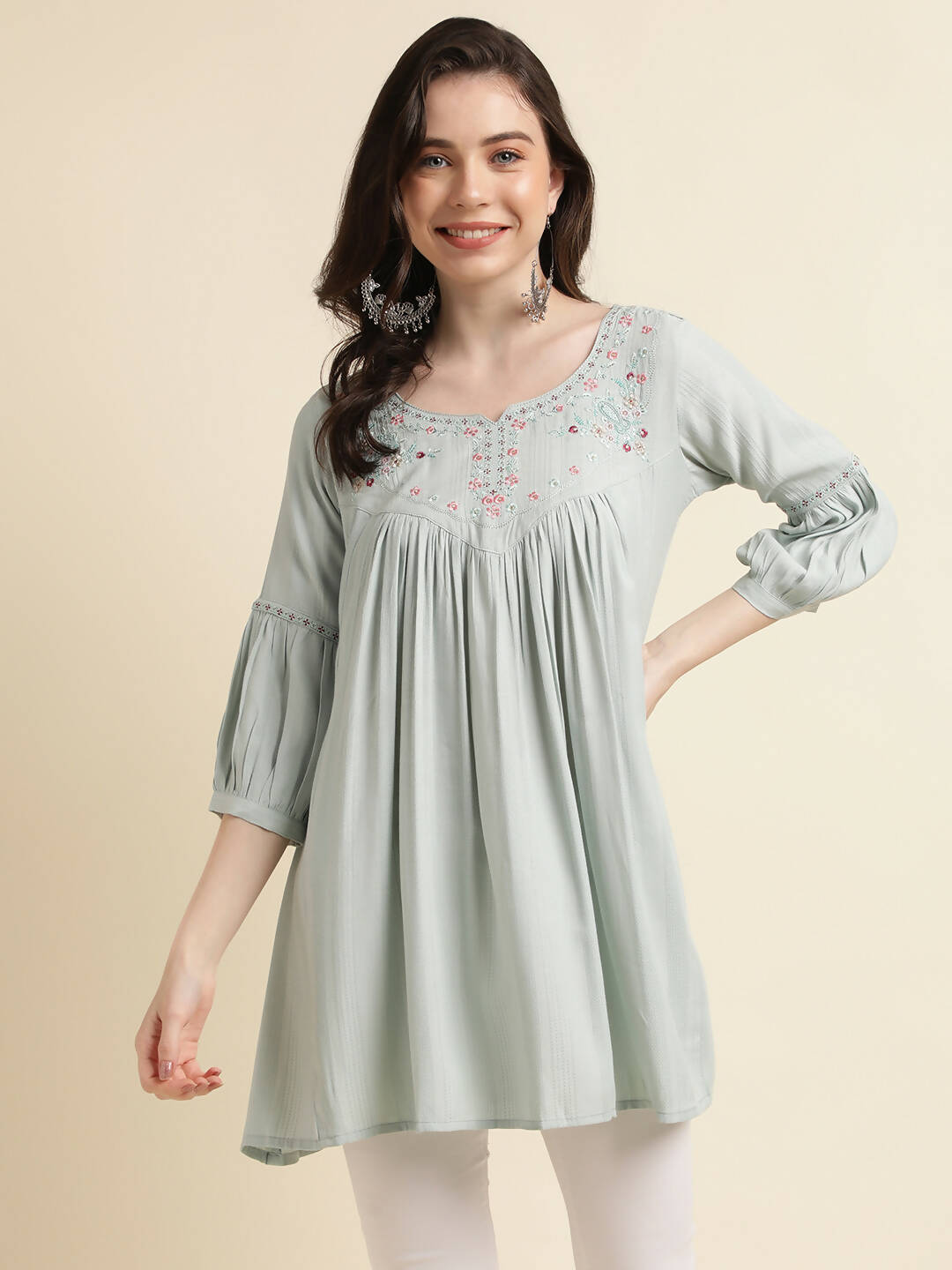 Light Blue Poly Cotton Yoke Embroidered A-line Top - Tarini - Swadesiicart