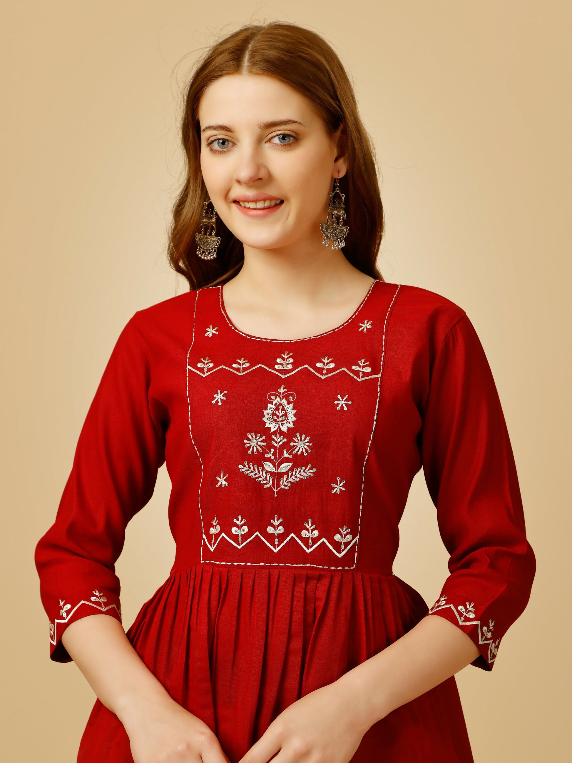 Jyoti Fashion Women's Red Viscose Rayon Embroidered Casual Top | Swadesiicart