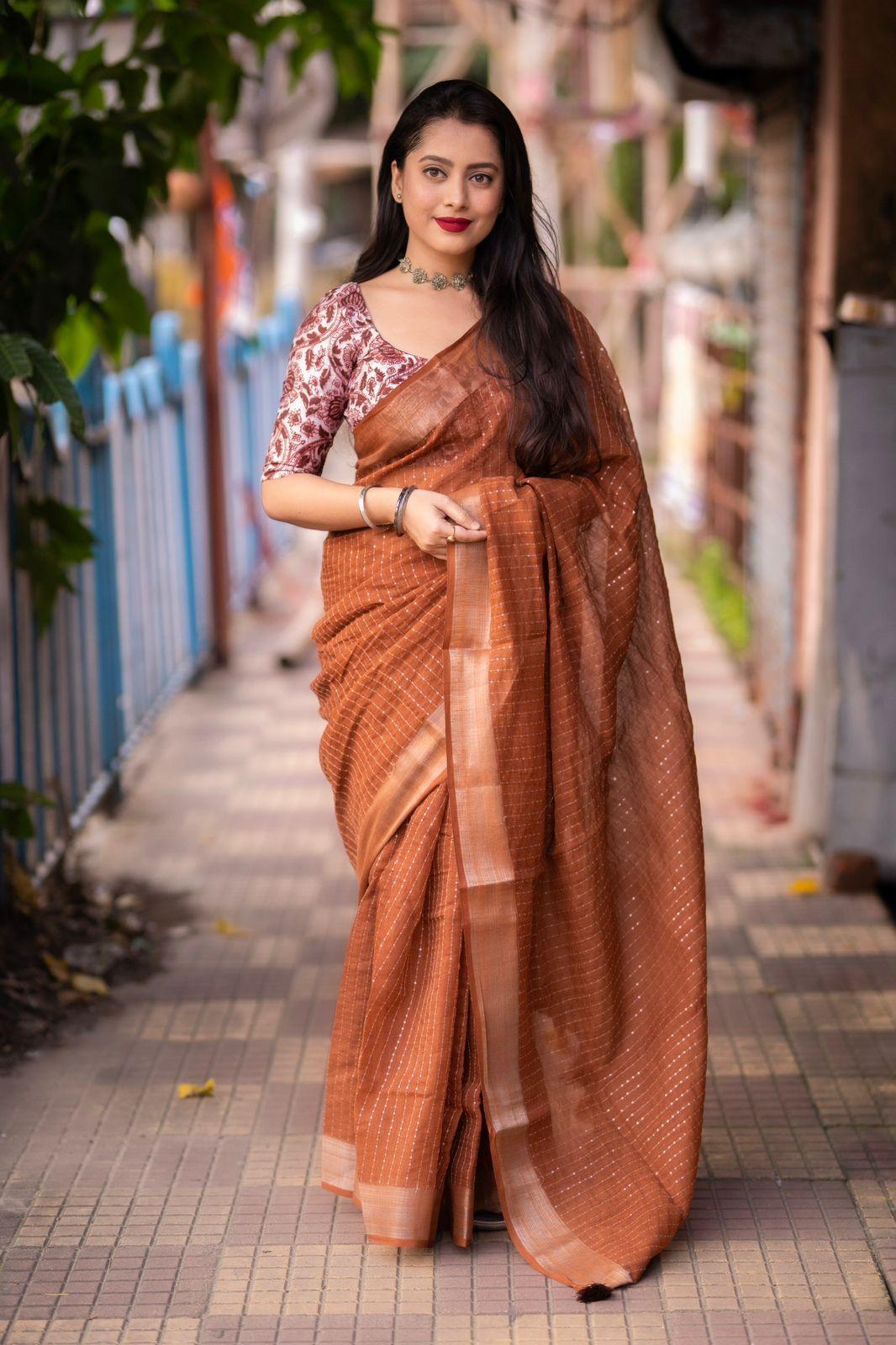 Brown Linen Sequence Saree with Unstitched Blouse - Hiral Fashion | Swadesiicart