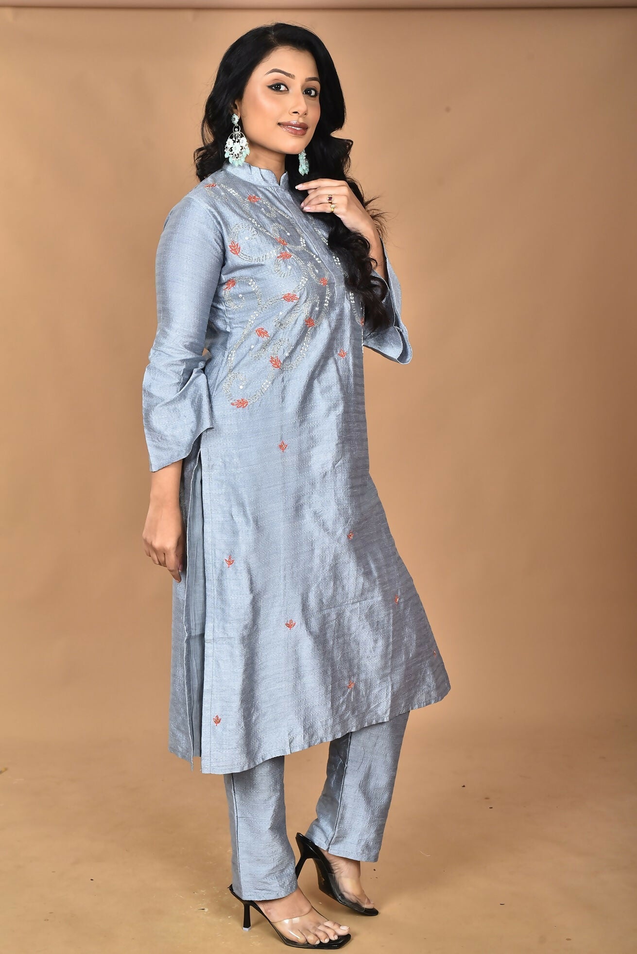 Morchari Women And Hand Embroidery Co-Ord Set-Grey - Swadesiicart