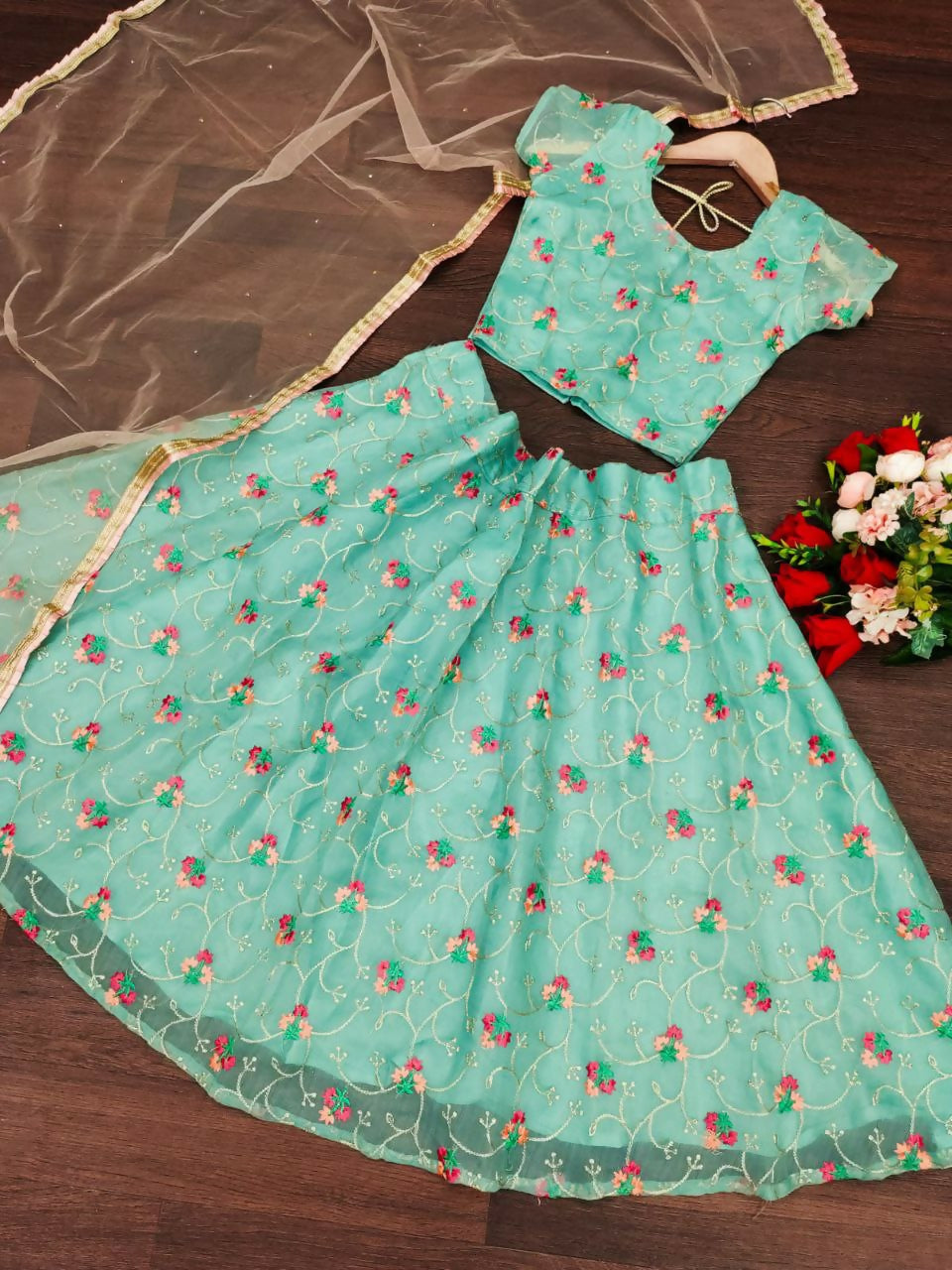 Jyoti Fashion Beautiful Sky Blue Organza Silk Embroidered Kids Lehenga Choli Set | Swadesiicart