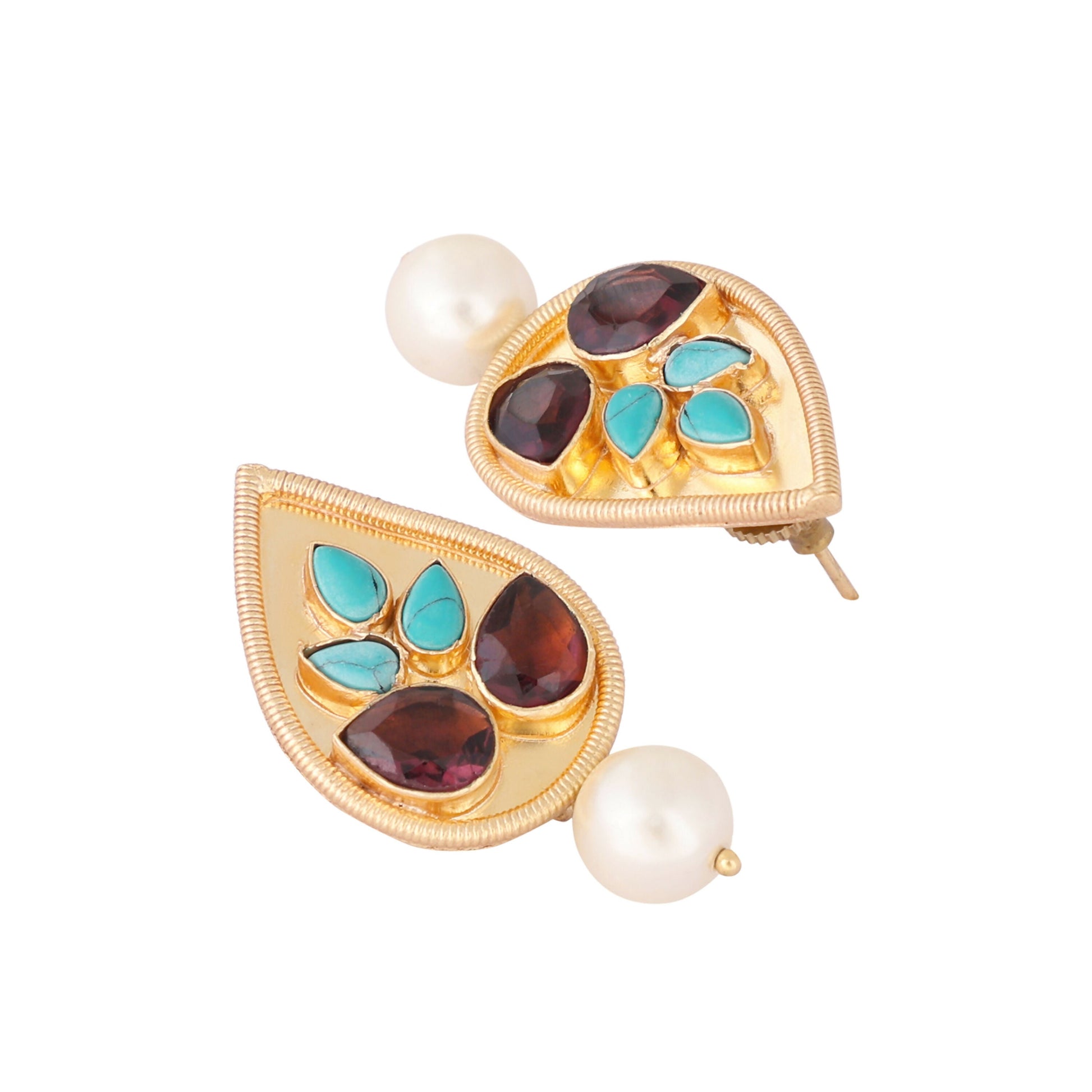 Nuyug 22K Gold Plated Faux Turquoise Stone Studded Contemporary Petal Shaped Pearl Drop Stud Earrings | Swadesiicart