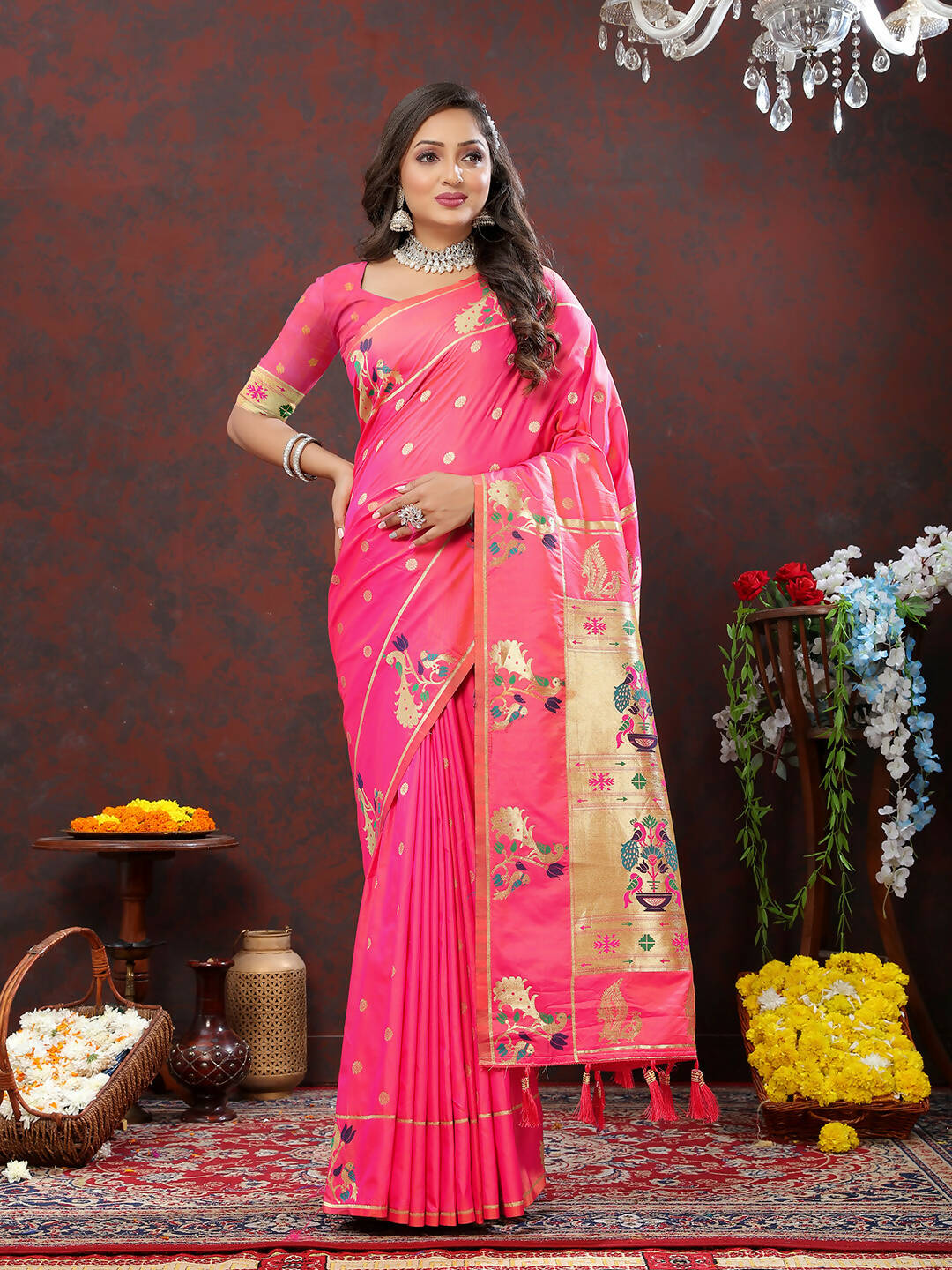 Lorenvalley Fashion Peach Soft Paithani Silk Woven Design Gold Zari Meenakari Weaving Saree - Swadesiicart
