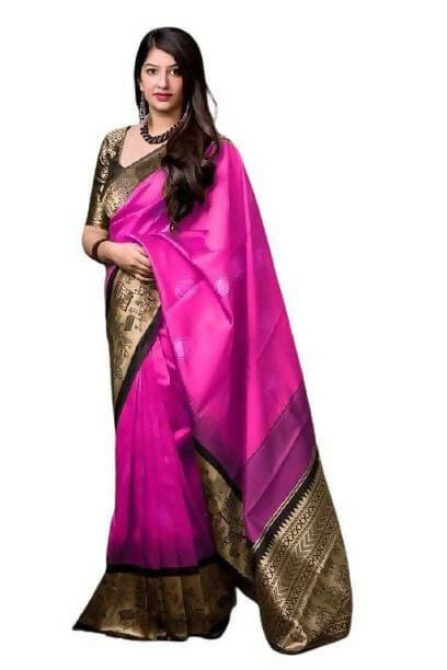 DEIANA'S Beautiful Designer Golden zari Soft Lichi Silk Saree - Pink - Swadesiicart