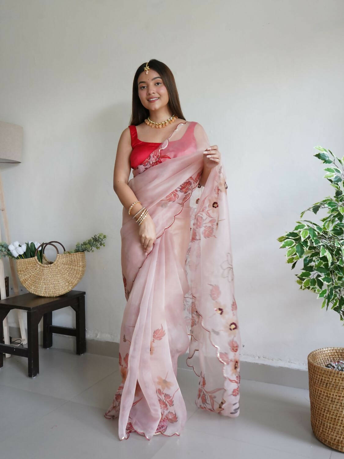 Vamsee Peach Organza Saree - Swadesiicart