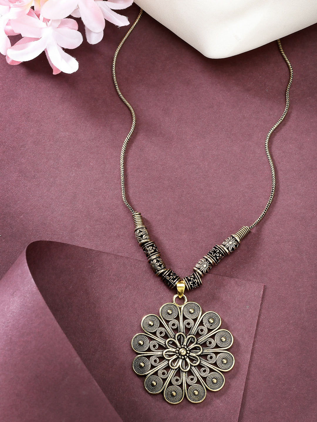 NVR Women's Gold-Polished Floral Shape Pendant with Chain | Swadesiicart