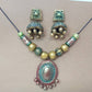 Terracotta Boho Style Mini Necklace Set With Jhumkas-Green
