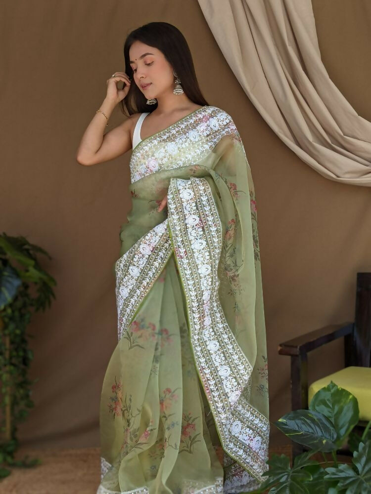 Vamsee White Border Green Organza Saree - Swadesiicart