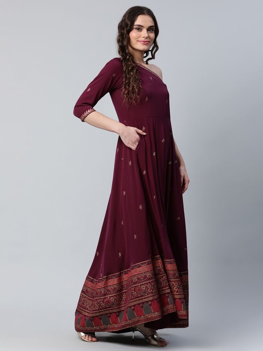 Ahalyaa Women Burgundy & Gold-Toned Ethnic Motifs One Shoulder Ethnic Maxi Dress | Swadesiicart