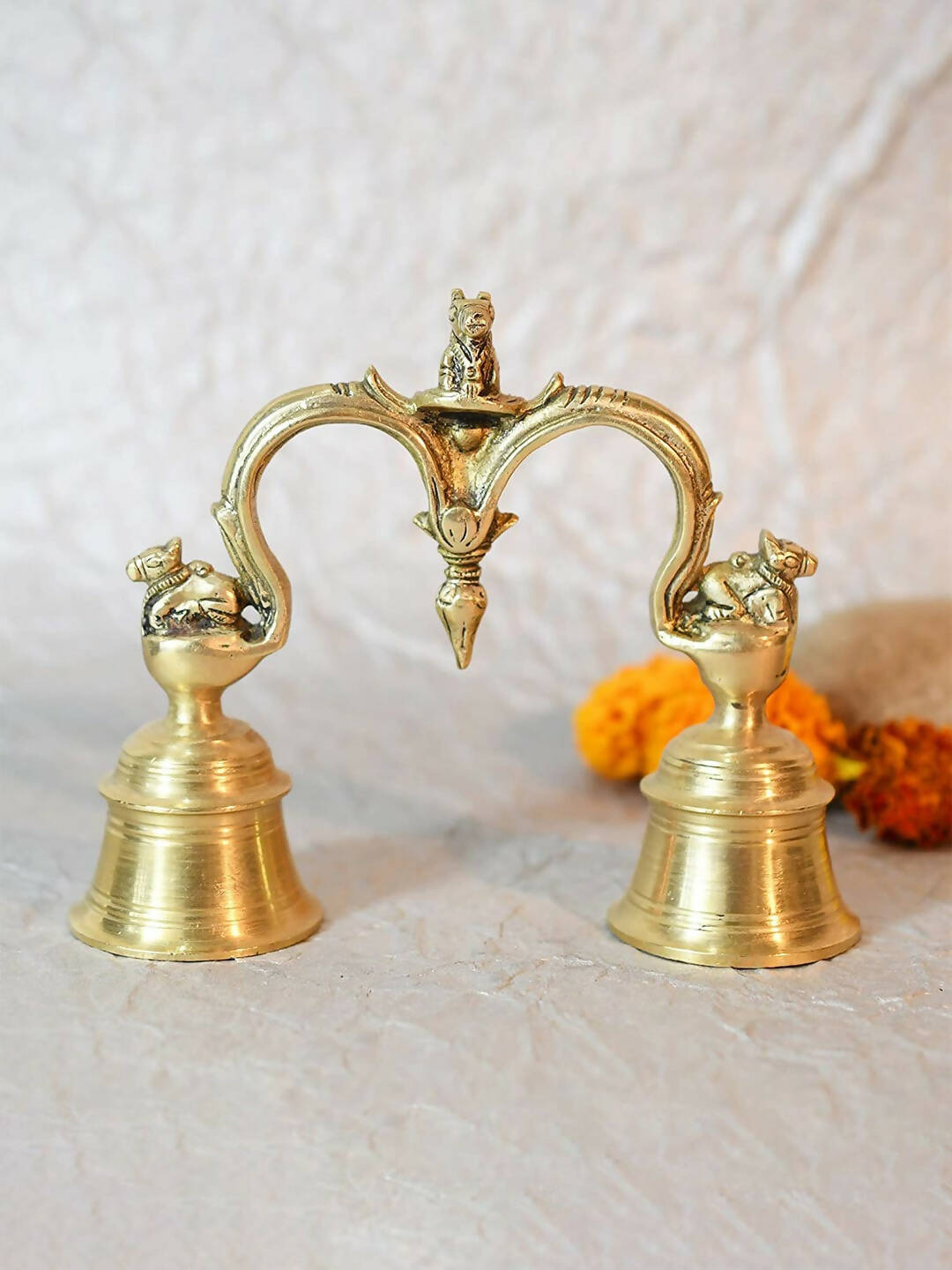 CraftVatika Gold-Toned Brass Hand Held With Nandi Sitting On Top Double Puja Bell | Swadesiicart
