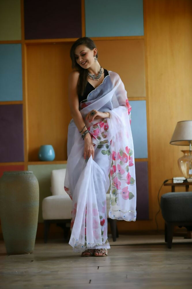 Vamsee Dhruti2 White Organza Saree - Swadesiicart