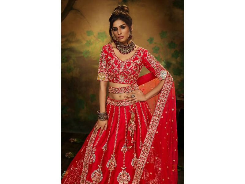House of Panchhi Red Pure Silk Moti & Zarkan heavy embroidery Lehenga choli & Dupatta | Swadesiicart
