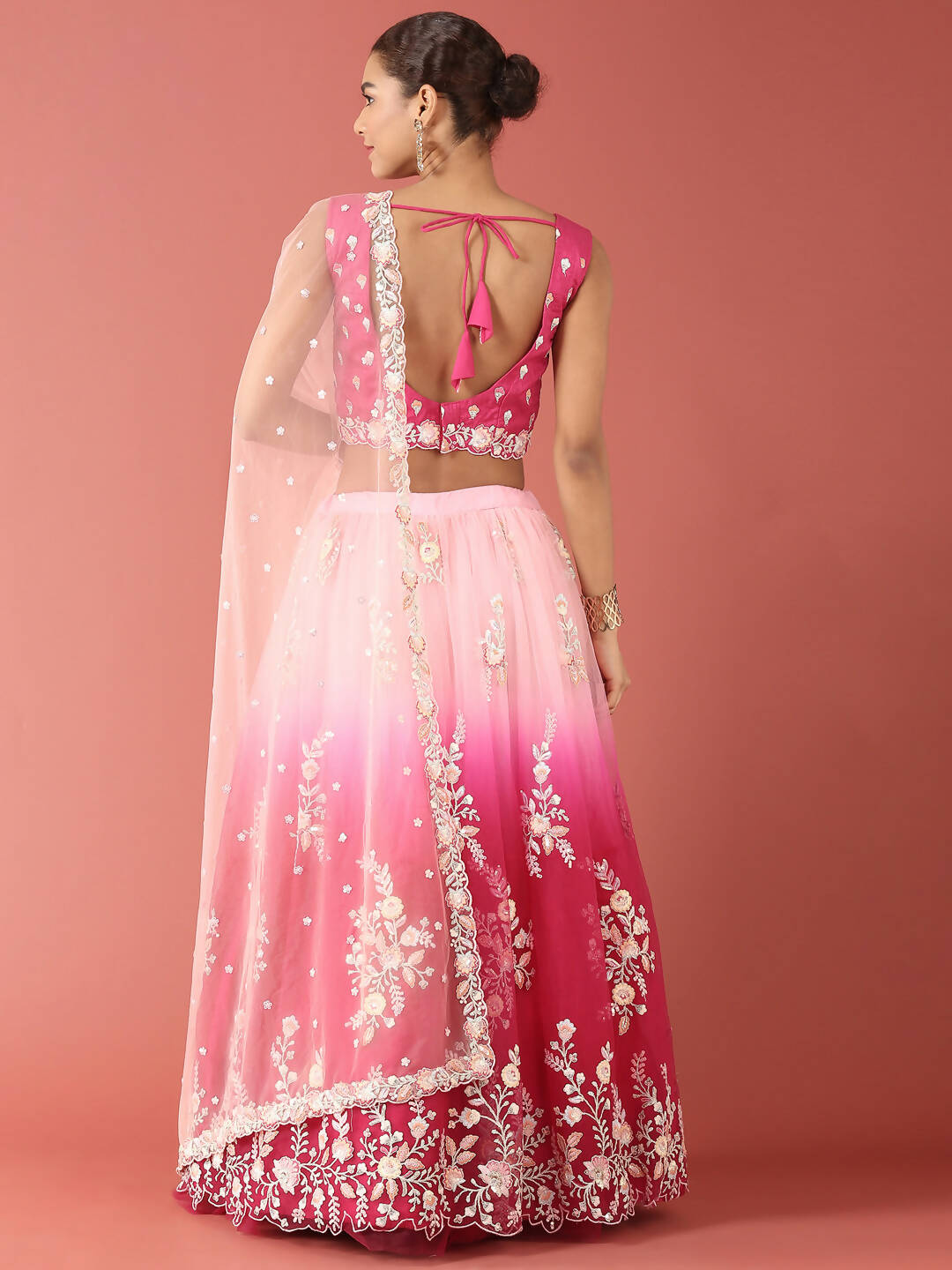 House of Panchhi Rose Tone Shadding Net Sequinse Work Lehenga & Blouse, Dupatta | Swadesiicart
