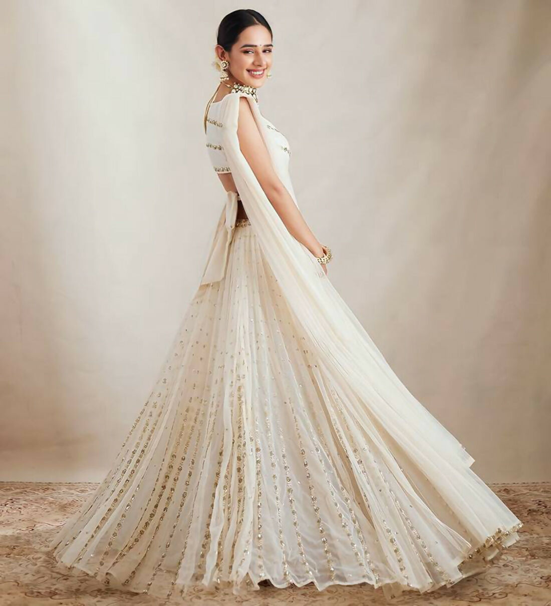 Jyoti Fashion Graceful Off White Sequence With Zari Embroidered Georgette Lehenga Choli with Dupatta | Swadesiicart