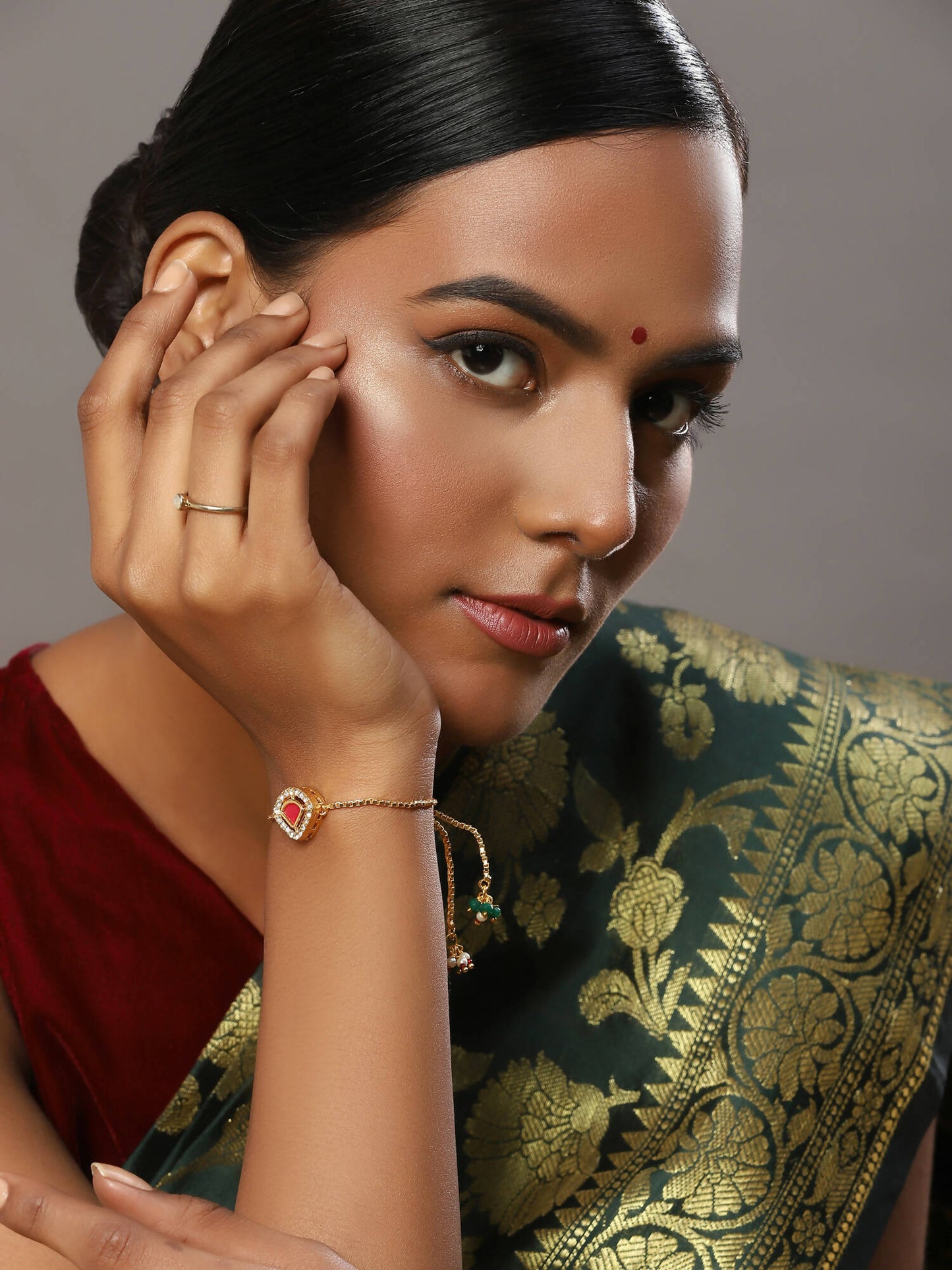 Women's Gold-Polished Pink Kundan Studded Brass Charm Bracelet - Ruby Raang - Ruby Raang Studio