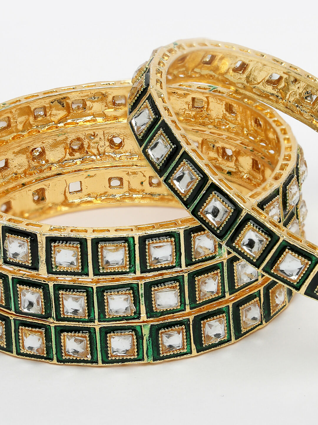 NVR Women's Set Of 4 Gold-Polished Green Kundan-Studded Traditional Bangles - Swadesiicart