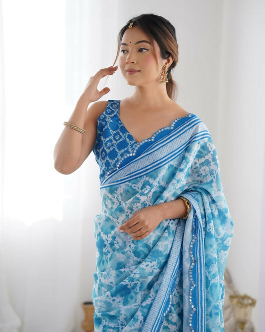 Blue Chinon Designer Digital Printed & Mirror Cut Work Saree - Kriti
