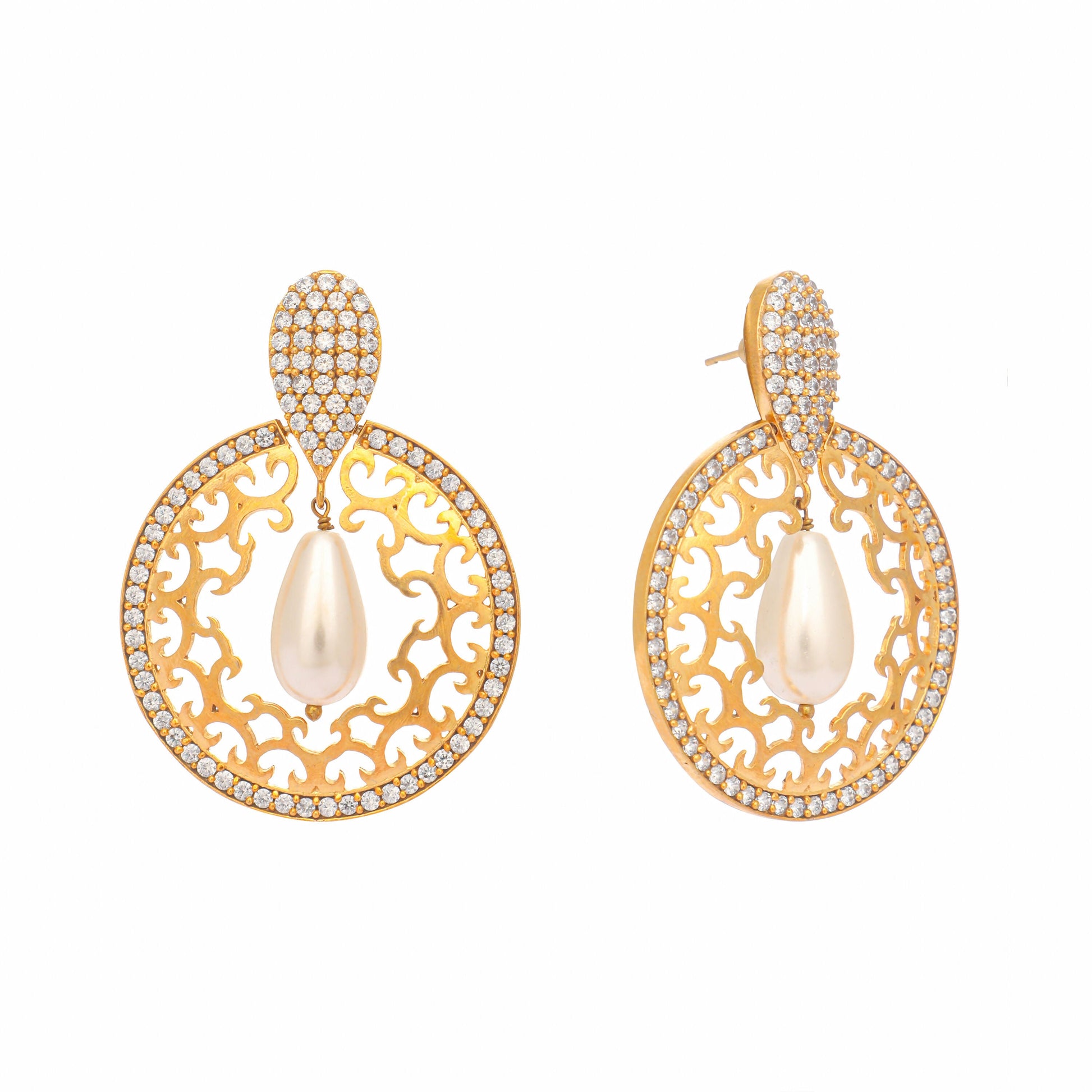 Nuyug 22K Gold Plated Cubic Zirconia Studded Contemporary Moon Shaped Pearl Drop Chandbalis | Swadesiicart