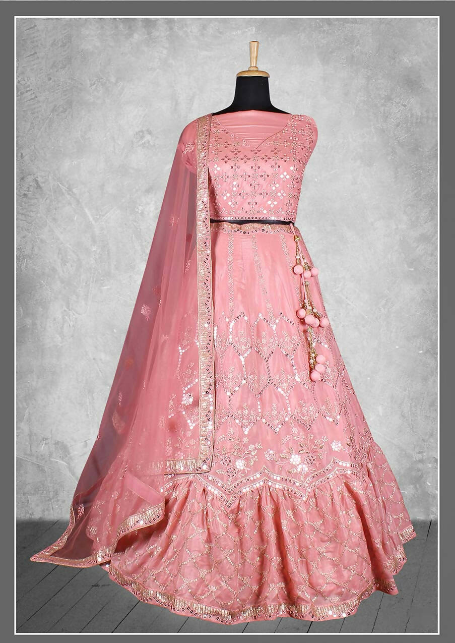 Pink Satin Silk Sequins and cord embroidery, cut work Bridal lahenga Choli with Dupatta - Nimaya Pavitra Rista | Swadesiicart