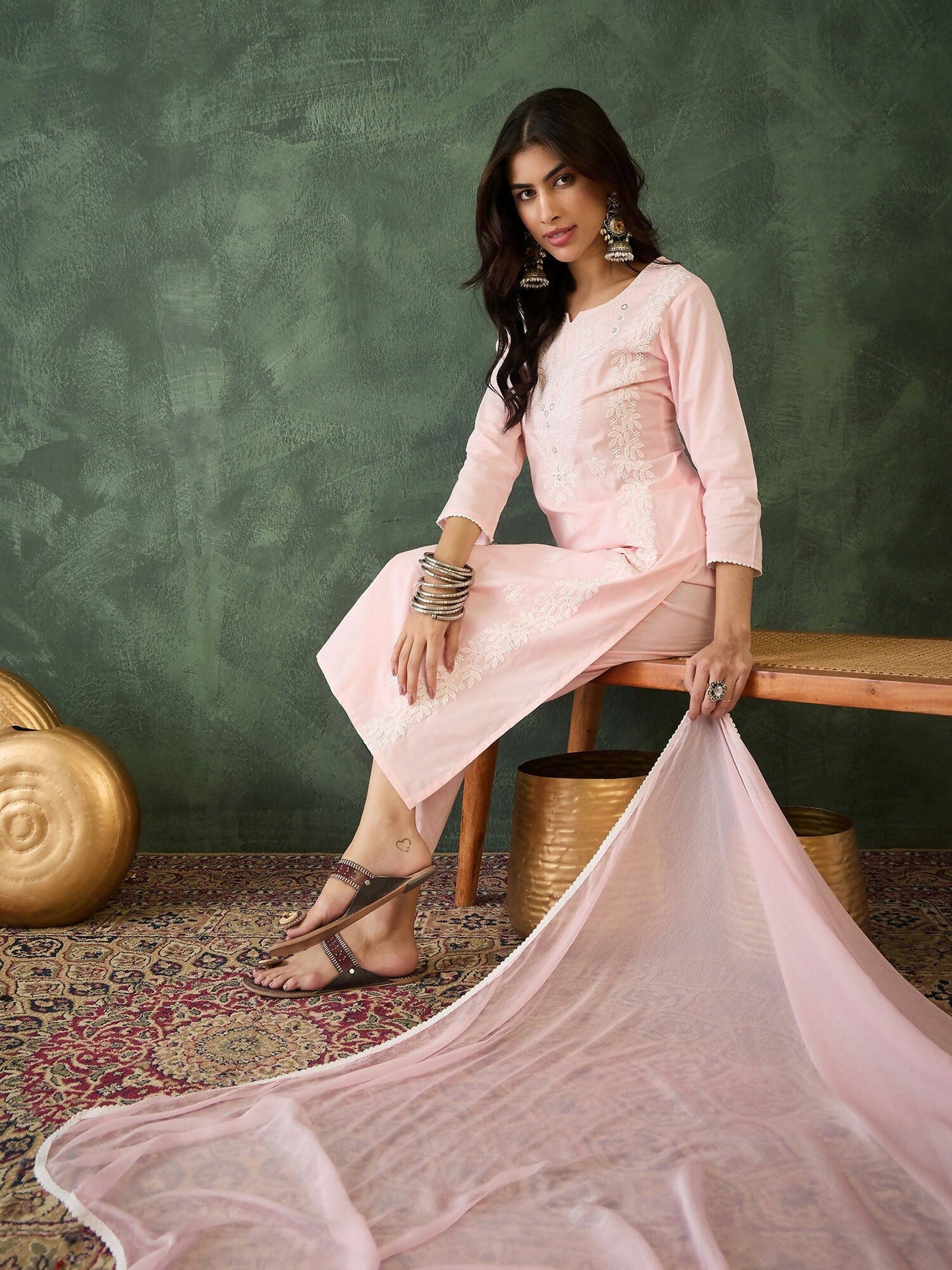 The52 Baby pink Women's Gorgeous Cotton Blend Fabric Thread Work Straight Kurta, Pant and Dupatta Set - Swadesiicart