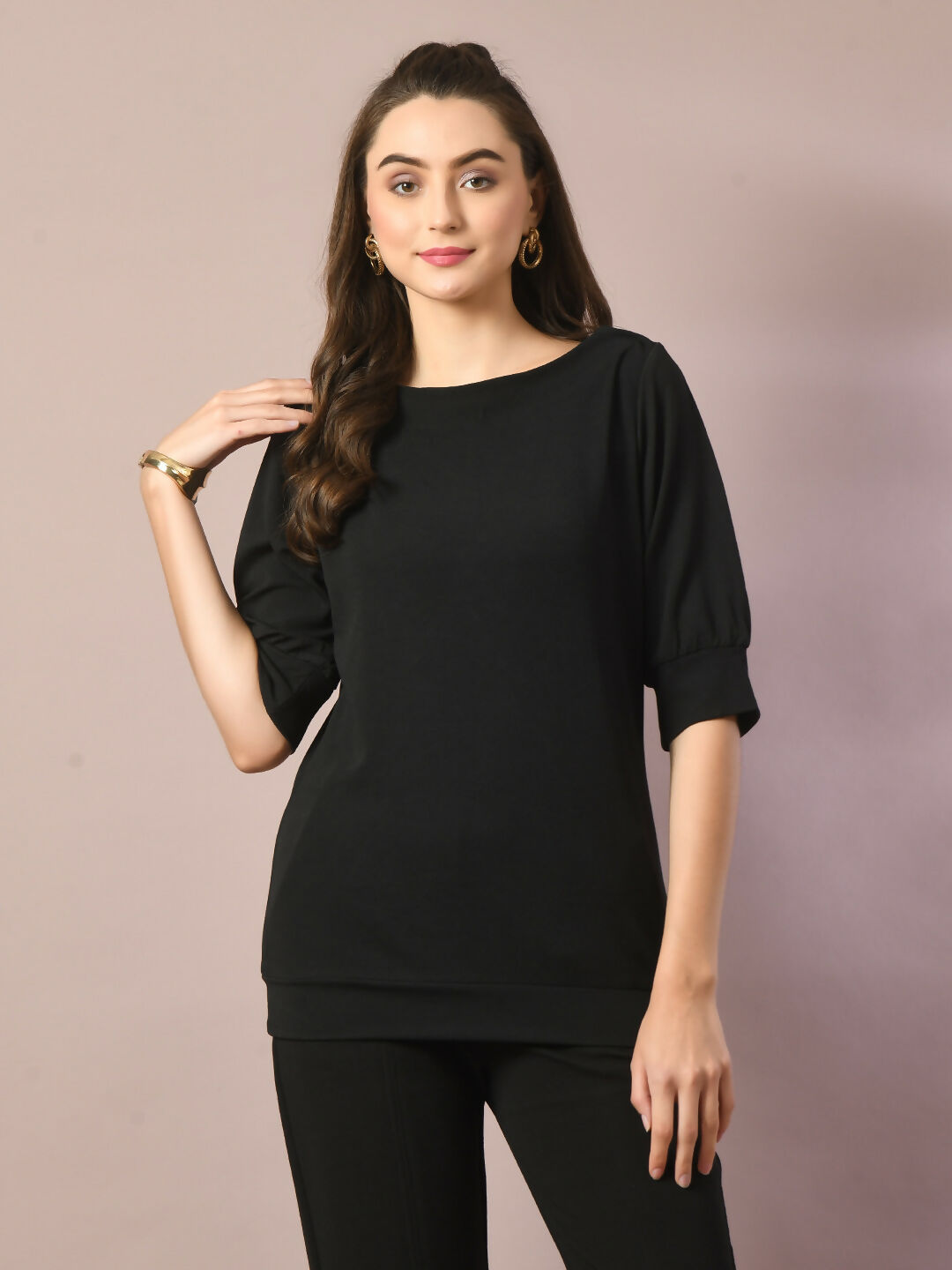 Myshka Women's Black Solid Boat Neck Party Top With Trousers Co-ord set - Swadesiicart