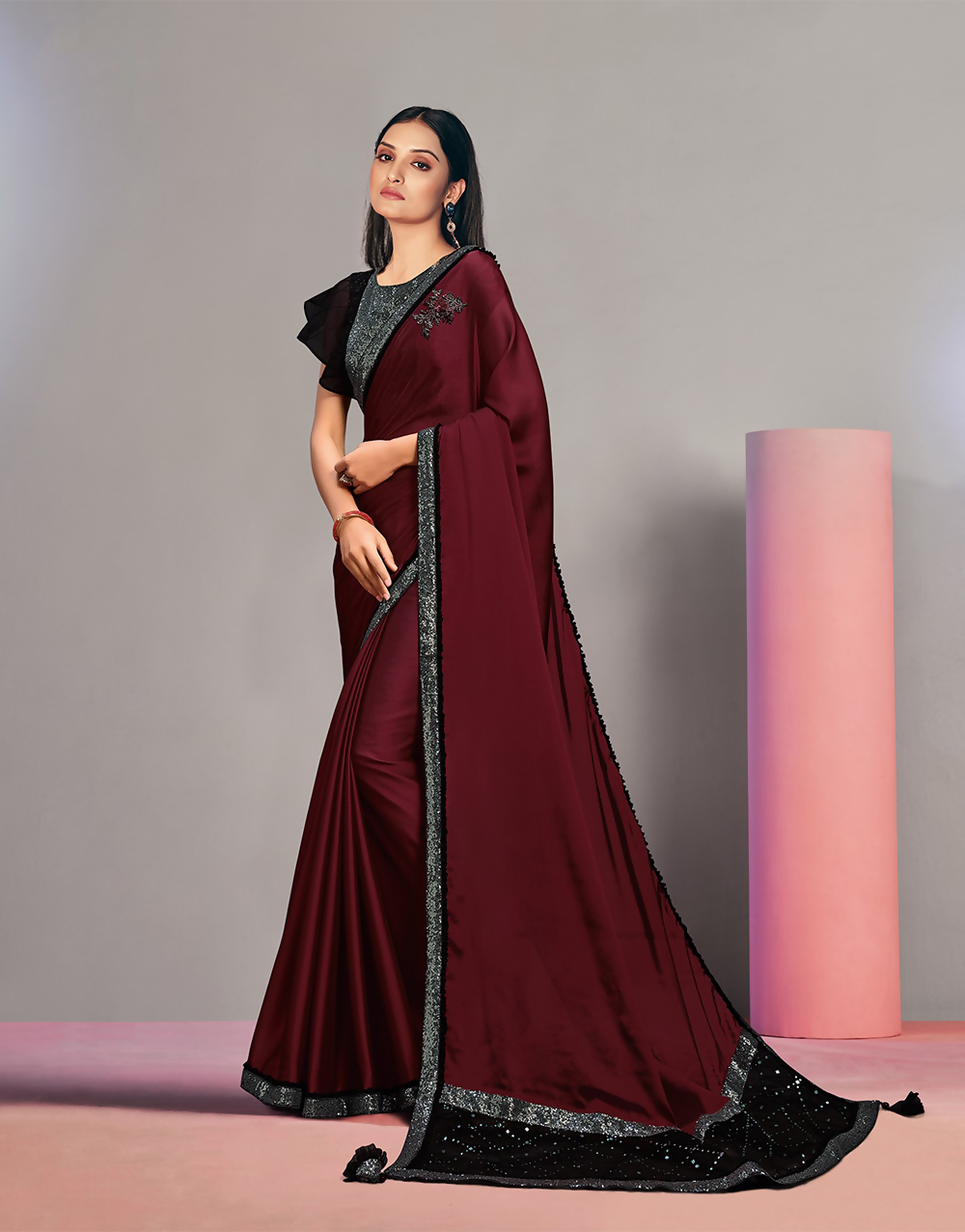 Maroon Dual Tone Silk Georgettesequins Embroidery & Handwork Butta Saree - Norita Hit - Swadesiicart